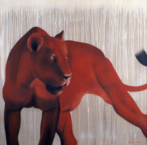 RED LIONESS   Animal painting, wildlife painter.Dogs, bears, elephants, bulls on canvas for art and decoration by Thierry Bisch 