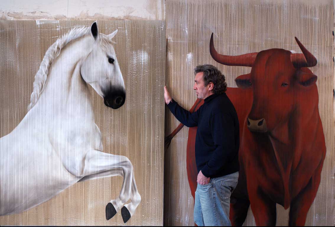 Cheval red bull TB Taureau-rouge-cheval-Pur-sang-Lipizzan Thierry Bisch artiste peintre contemporain animaux tableau art  nature biodiversité conservation 
