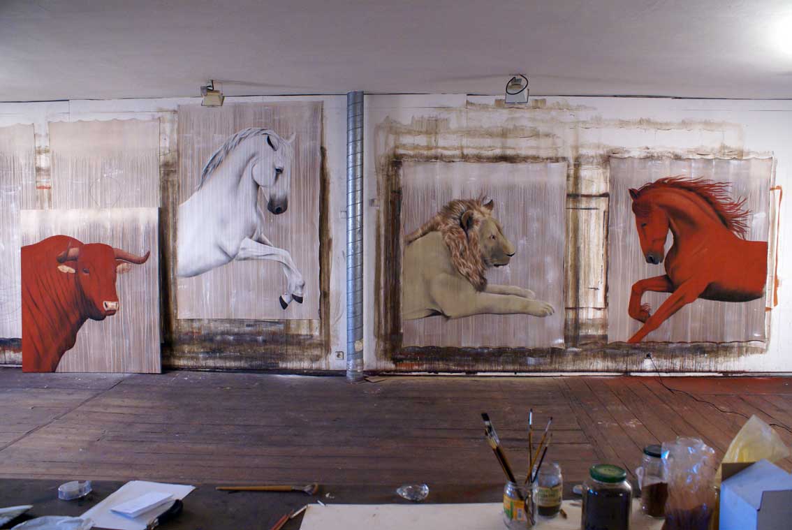 Janvier 2008 taureau-rouge-cheval-Pur-sang-lipizzaner-Lion-arabe Thierry Bisch artiste peintre contemporain animaux tableau art  nature biodiversité conservation 