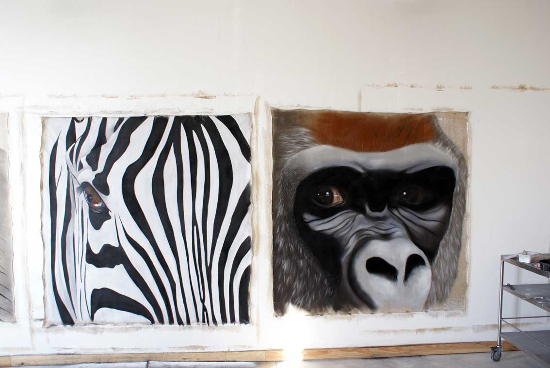 Closeup singe-zèbre-zebre Thierry Bisch artiste peintre contemporain animaux tableau art  nature biodiversité conservation 