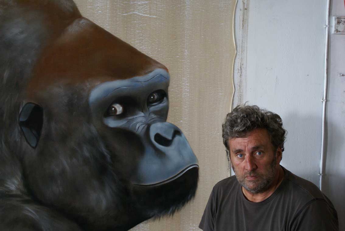 Les deux gorilles gorille-dos-argenté Thierry Bisch artiste peintre animaux tableau art  nature biodiversité conservation 