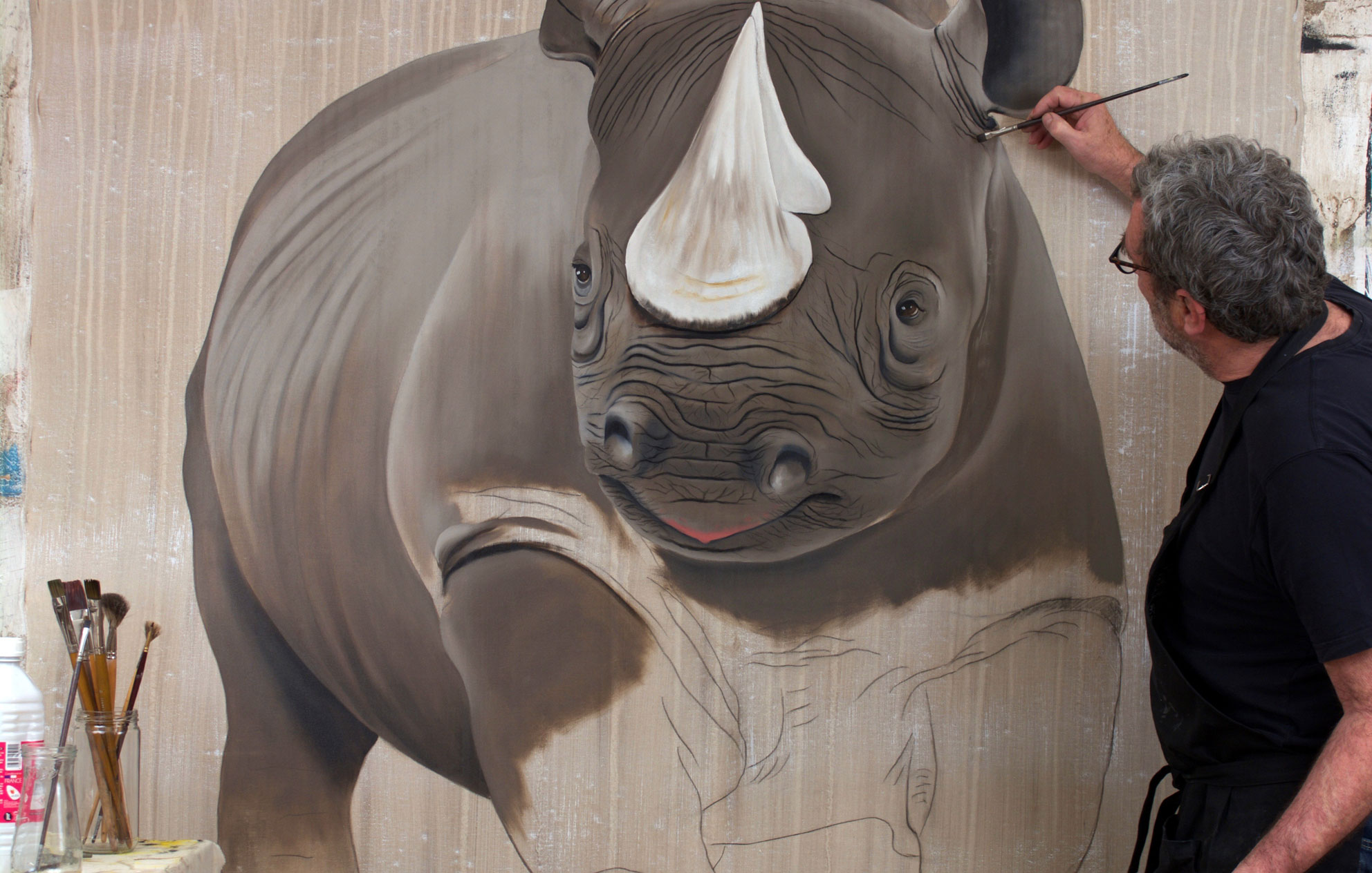 DICEROS BICORNIS studio rhinoceros-noir-diceros-bicornis-extinction-protégé-disparition Thierry Bisch artiste peintre contemporain animaux tableau art  nature biodiversité conservation 
