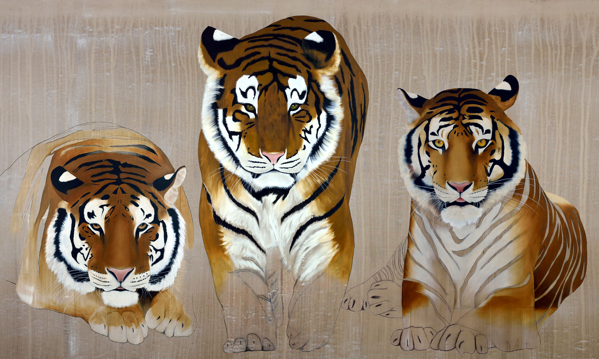 3-TIGERS tiger-panthera-tigris Thierry Bisch Contemporary painter animals painting art decoration nature biodiversity conservation