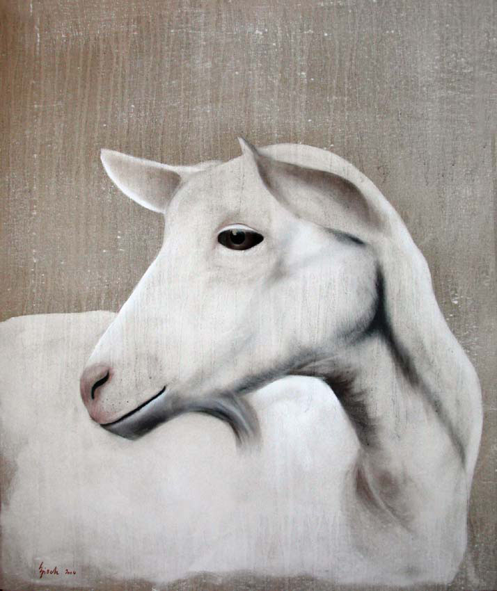 Chevrette Chèvre-chevrette-chèvre-blanche- Thierry Bisch artiste peintre animaux tableau art  nature biodiversité conservation  