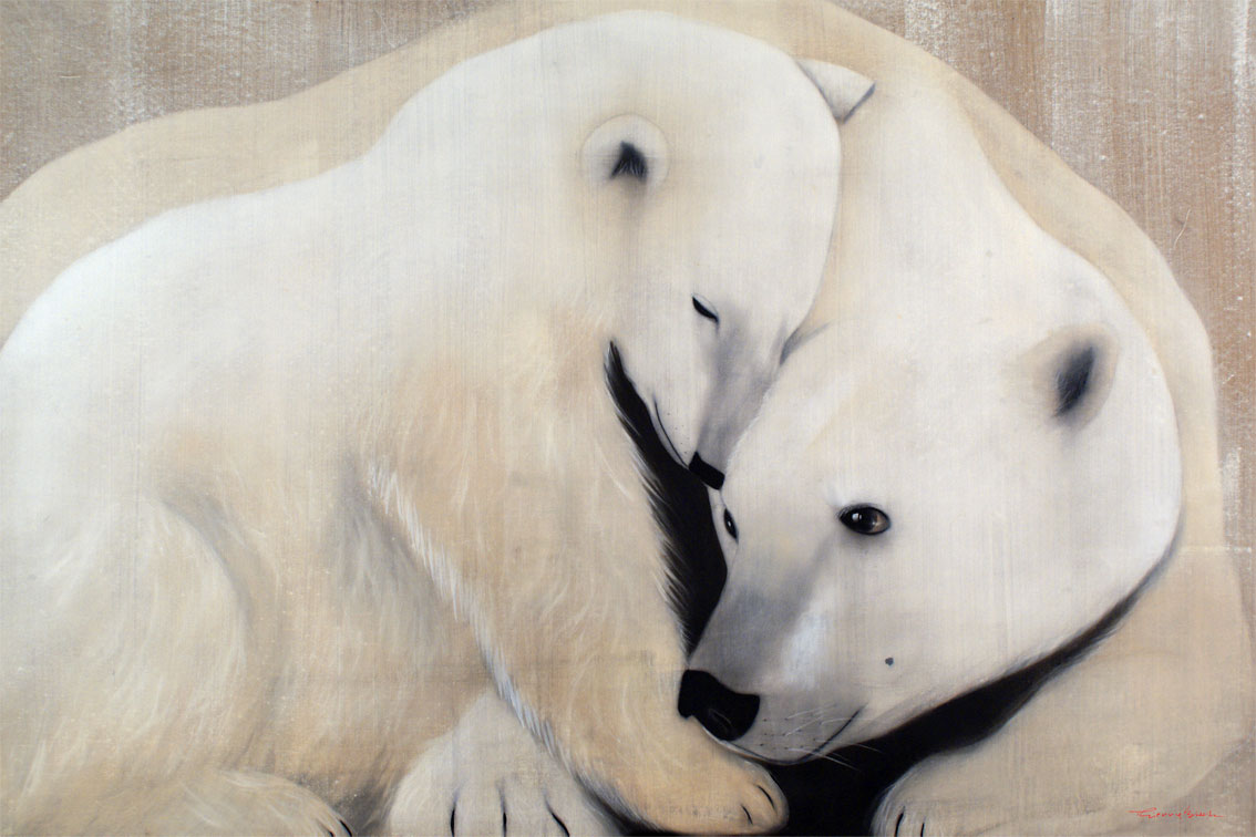 MOTHER AND CUB-2 ours-polaire-blanc-ourson-mère-ourse Thierry Bisch artiste peintre animaux tableau art  nature biodiversité conservation  