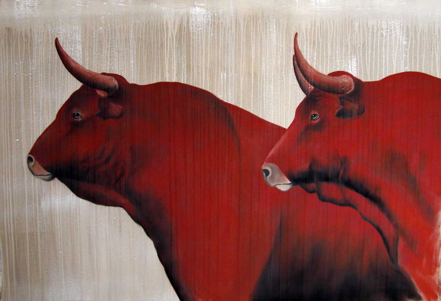2-red-bulls taureau-rouge Thierry Bisch artiste peintre contemporain animaux tableau art décoration biodiversité conservation 