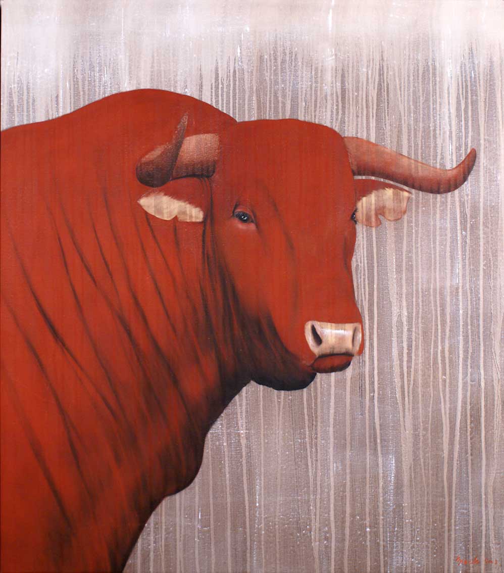 Redbull-15 taureau-rouge Thierry Bisch artiste peintre animaux tableau art  nature biodiversité conservation  