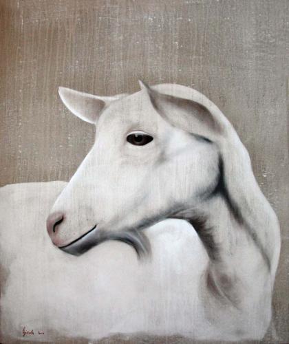  Chèvre chevrette chèvre blanche  Thierry Bisch artiste peintre contemporain animaux tableau art décoration biodiversité conservation 