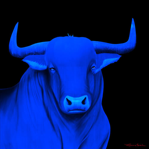 BULL 1 BLEU bull Showroom - Inkjet on plexi, limited editions, numbered and signed. Wildlife painting Art and decoration. Click to select an image, organise your own set, order from the painter on line