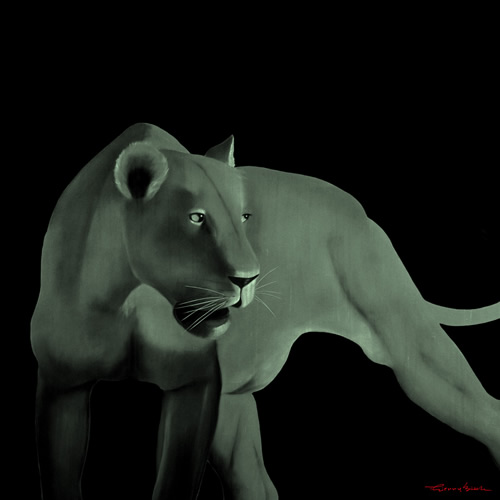 LIONESS NUIT lion Showroom - Inkjet on plexi, limited editions, numbered and signed. Wildlife painting Art and decoration. Click to select an image, organise your own set, order from the painter on line