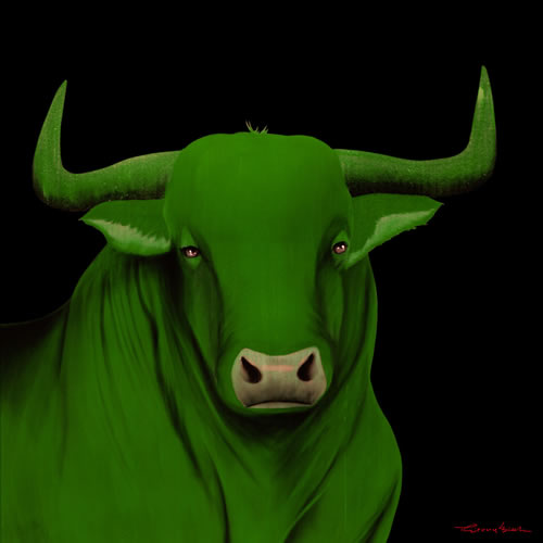 BULL 1 VERT bull Showroom - Inkjet on plexi, limited editions, numbered and signed. Wildlife painting Art and decoration. Click to select an image, organise your own set, order from the painter on line