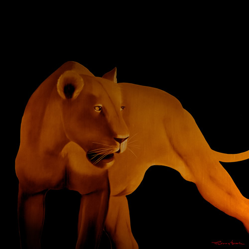 LIONESS ORANGE lion Showroom - Inkjet on plexi, limited editions, numbered and signed. Wildlife painting Art and decoration. Click to select an image, organise your own set, order from the painter on line